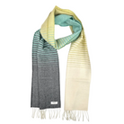 A woven scarf with a striped ombre design, featuring a gray and teal gradient on one side and a pale yellow and cream gradient on the other, finished with fringed ends and a small white brand label.