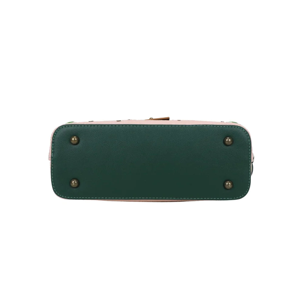 Green handbag with gold studs on a white background