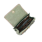 Green leather wallet with pink stitching on a white background