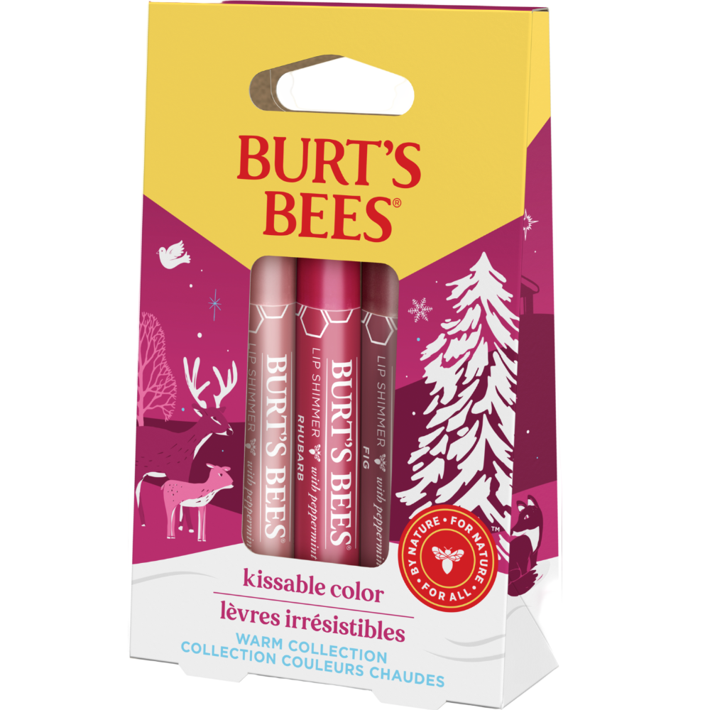 Burt's Bees lip balm packaging with a yellow and purple design.