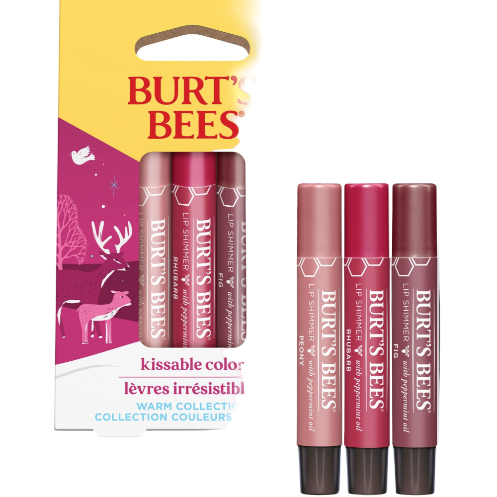 Burt's Bees lip balm set with packaging featuring Christmas-themed illustrations.