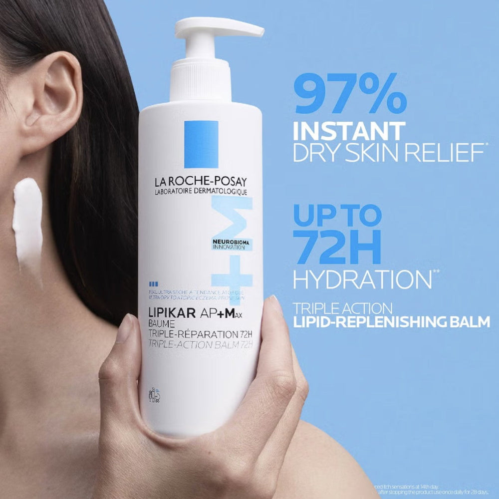 La Roche-Posay balm held by a person with promotional text on a blue background