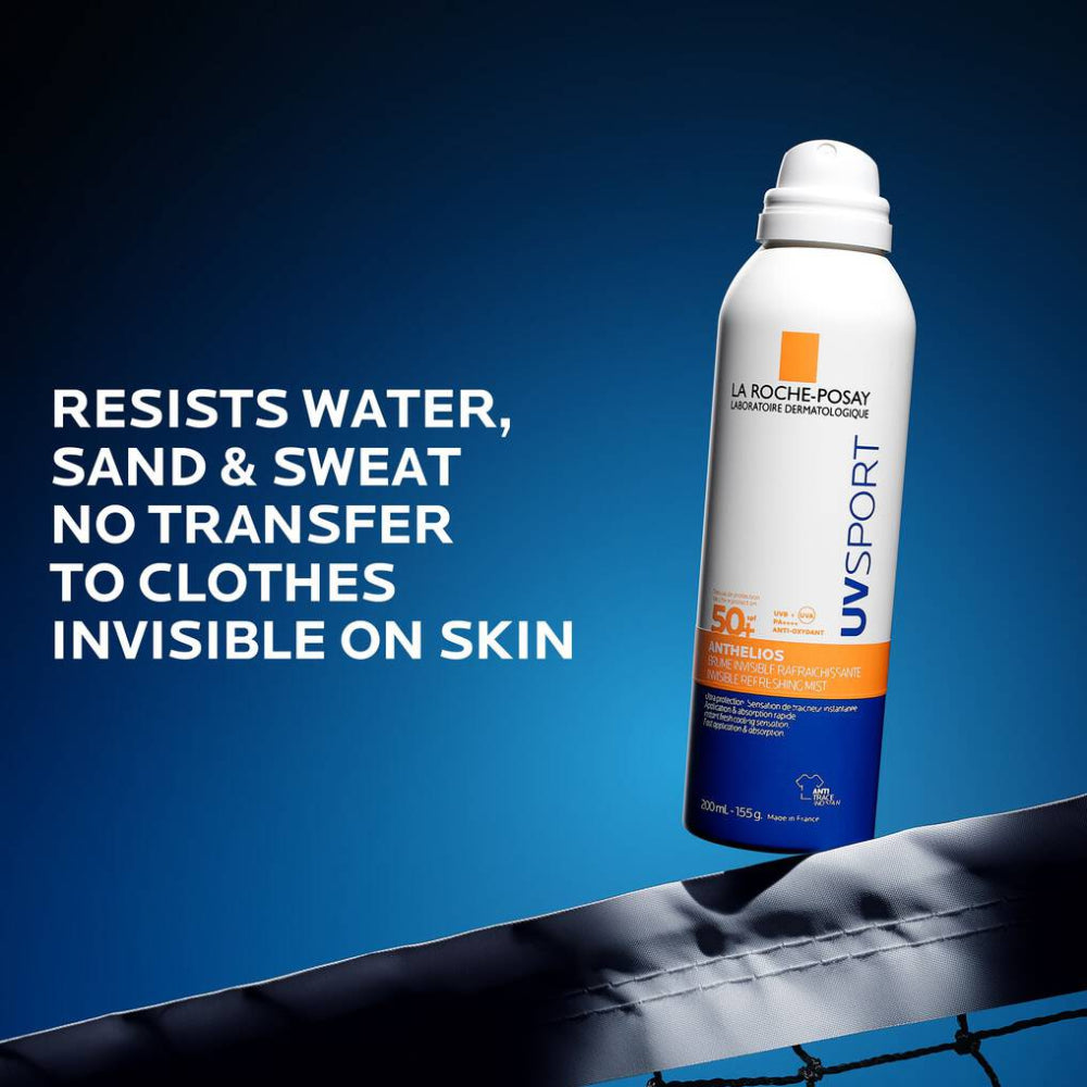 La Roche-Posay UV Sport sunscreen spray bottle on a blue background with product features text.