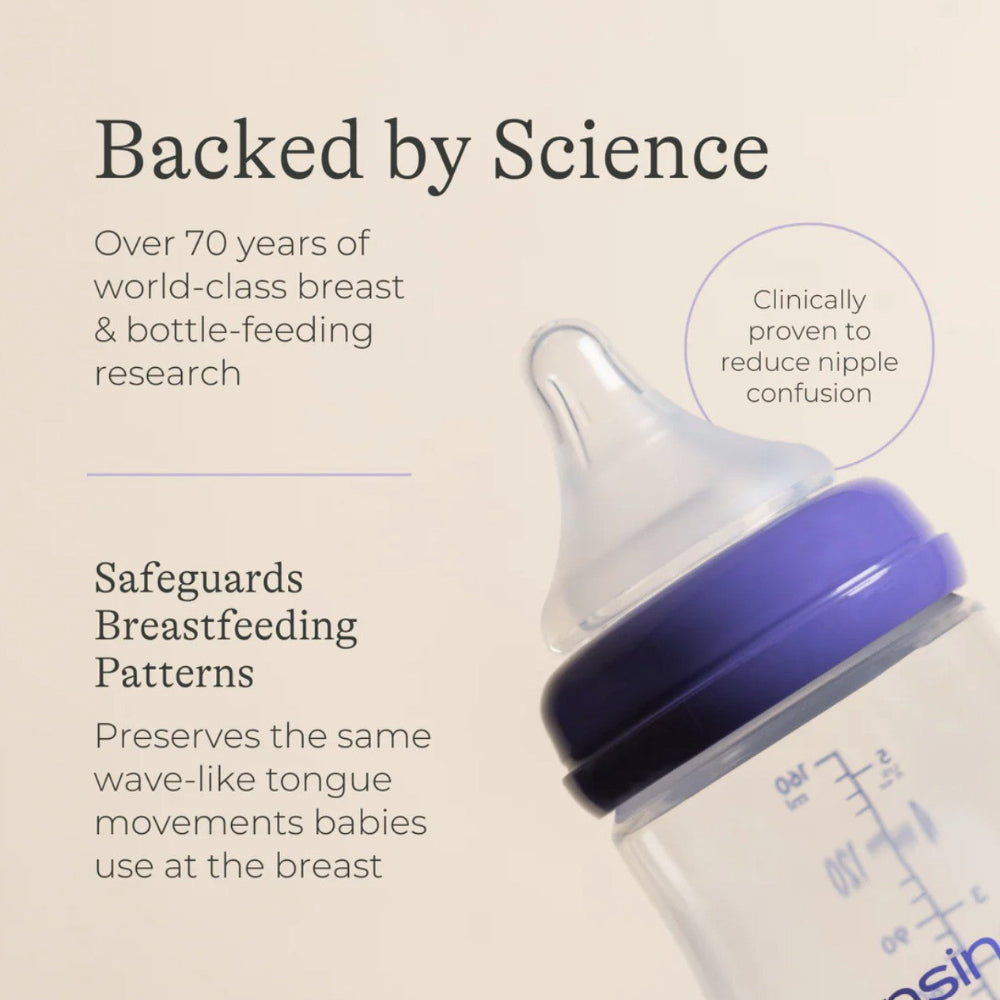 Purple baby bottle with text about science-backed breastfeeding research on a beige background
