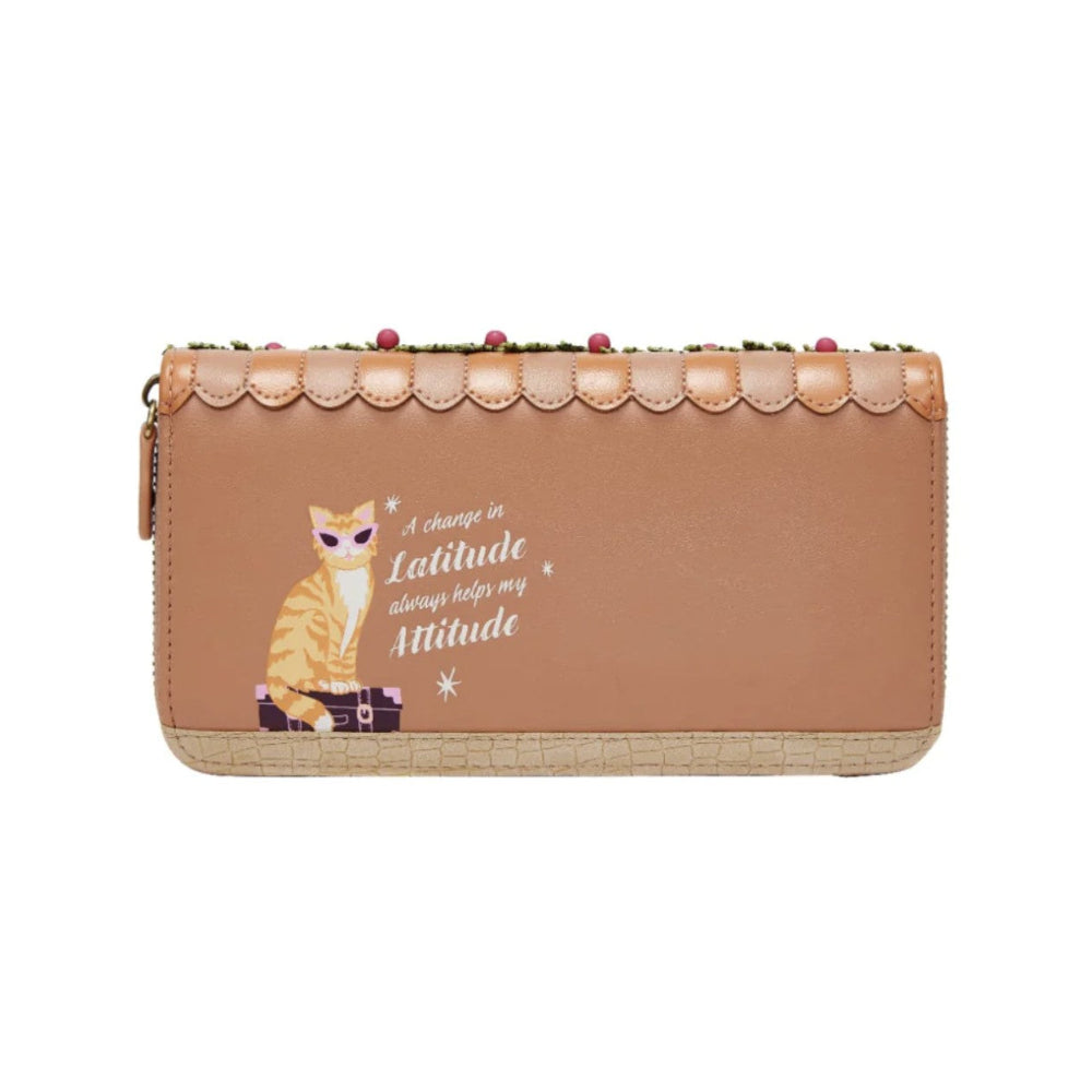 Tan wallet with cat illustration and text on a white background