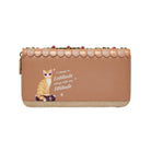 Tan wallet with cat illustration and text on a white background