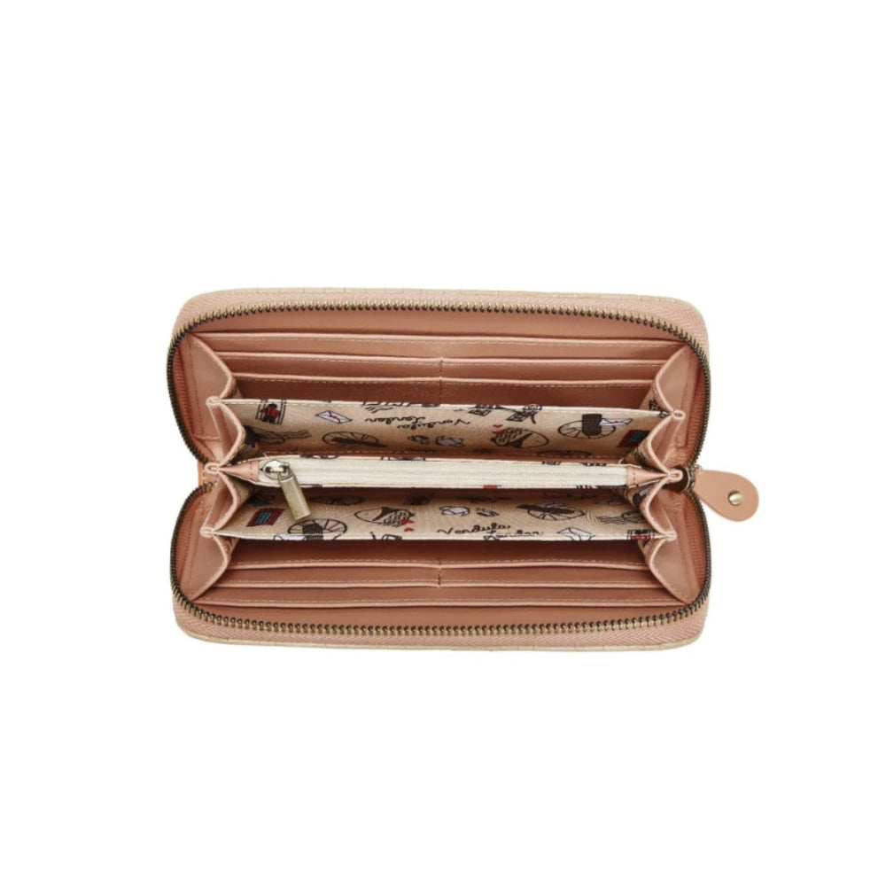 Open beige wallet with printed interior on a white background