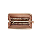 Open beige wallet with printed interior on a white background