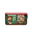 A long zip-around wallet featuring a detailed illustration of 'The Farmhouse Pantry' storefront, complete with a red awning, green door, and a market stall with produce and flowers, shown on a plain white background.