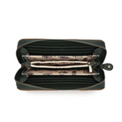 An open dark green leather zip-around wallet with multiple interior card slots, a patterned beige paper insert, and gold-tone zippers, shown on a plain white background.
