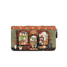 A rectangular wallet featuring a detailed, colourful embroidered illustration of a flower shop facade with autumn elements like pumpkins and fall foliage, set against a plain white background.