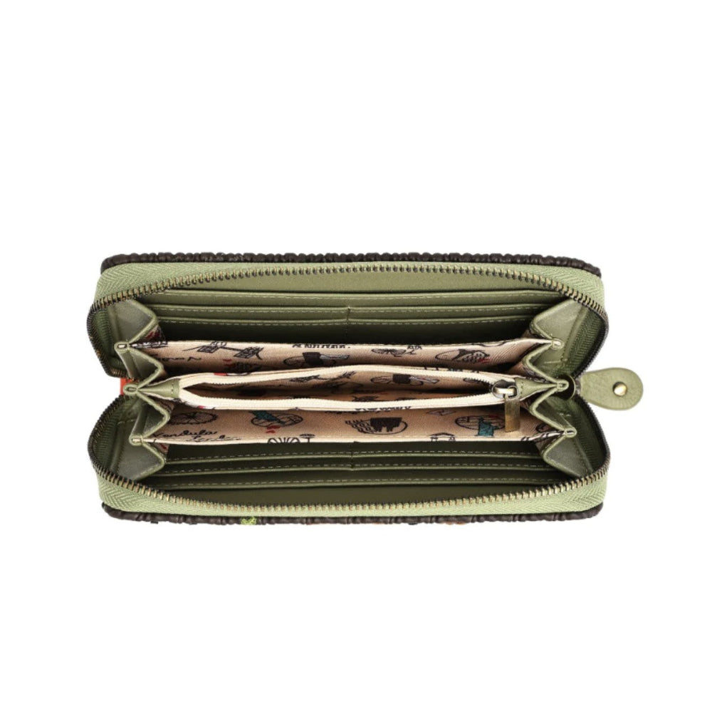 An open olive green zip-around wallet with multiple card slots, a patterned beige interior, and a small metal keyring attachment on the right side, shown on a white background.