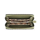 An open olive green zip-around wallet with multiple card slots, a patterned beige interior, and a small metal keyring attachment on the right side, shown on a white background.