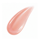 A glossy teardrop-shaped smear of shimmering peach-pink cosmetic lip gloss on a solid white background.