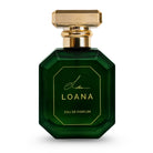 Green perfume bottle with gold cap on a white background