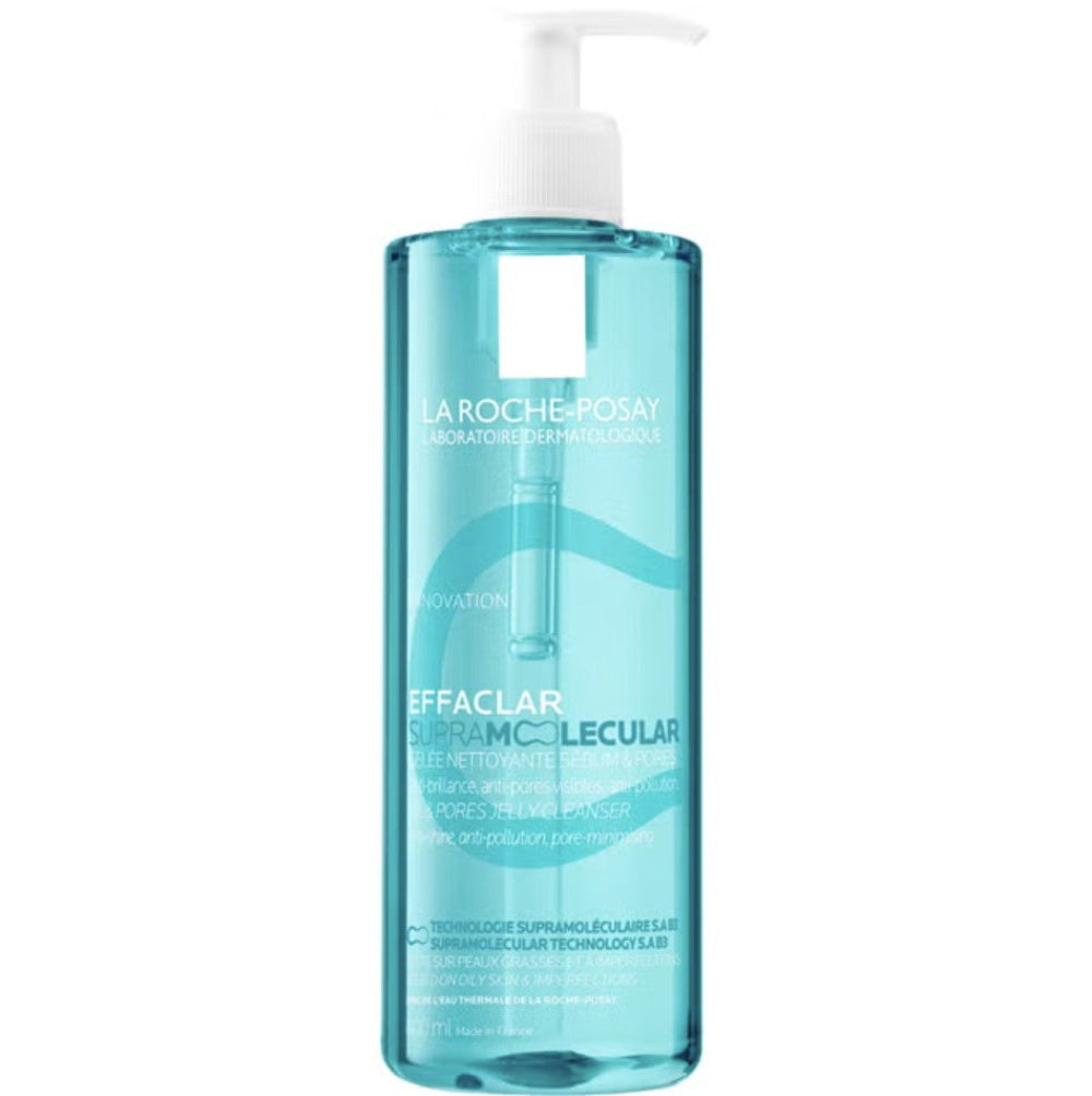 A bottle of La Roche-Posay Effaclar Supra-Celular Cleanser in a translucent light blue bottle