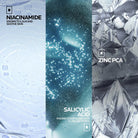 Product packaging with text on niacinamide, zinc PCA, and salicylic acid, featuring a blue and gray color scheme.