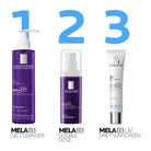 Three La Roche-Posay MELA B3 skincare products on a white background with blue numbers.