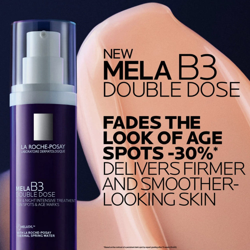 La Roche-Posay Mela B3 Double Dose skincare product with text on a dark background