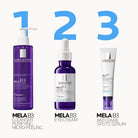 Three La Roche-Posay MELA B3 skincare products on a white background