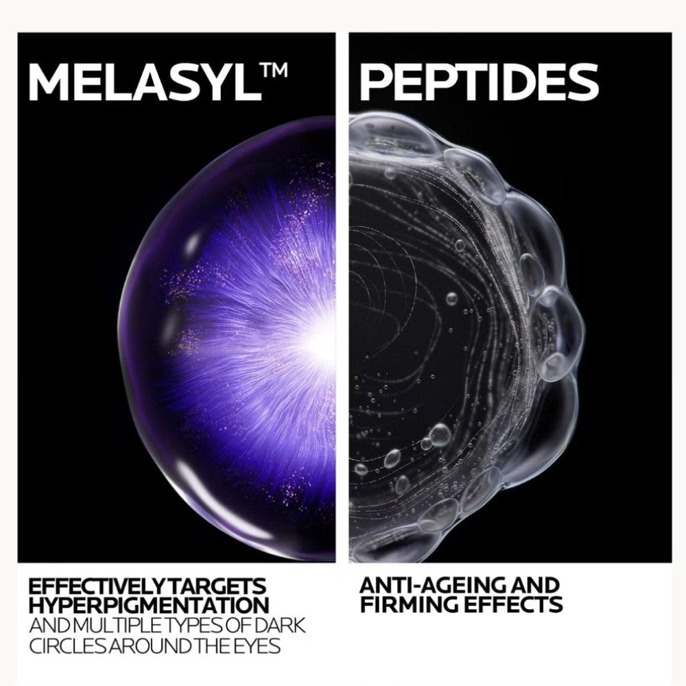 Advertisement for Melasyl Peptides with abstract designs and text about anti-aging effects.