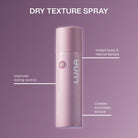 Luna dry texture spray bottle on a purple background with text highlighting features.