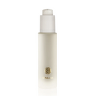 A frosted glass skincare bottle with a white pump dispenser and a small gold logo on the front, centered against a solid white background.