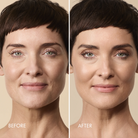 Before-and-after split comparison of a woman's face showing skincare or makeup results, with 'BEFORE' on the left and 'AFTER' on the right, against a warm beige background.