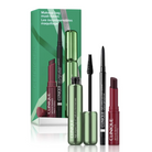 Clinique makeup bag must-haves set featuring a green and white box, a green mascara tube with wand, a black eyeliner pencil, a black eyeliner pencil, and a burgundy lip product on a white background.