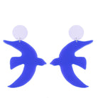 Blue bird-shaped earrings on a white background
