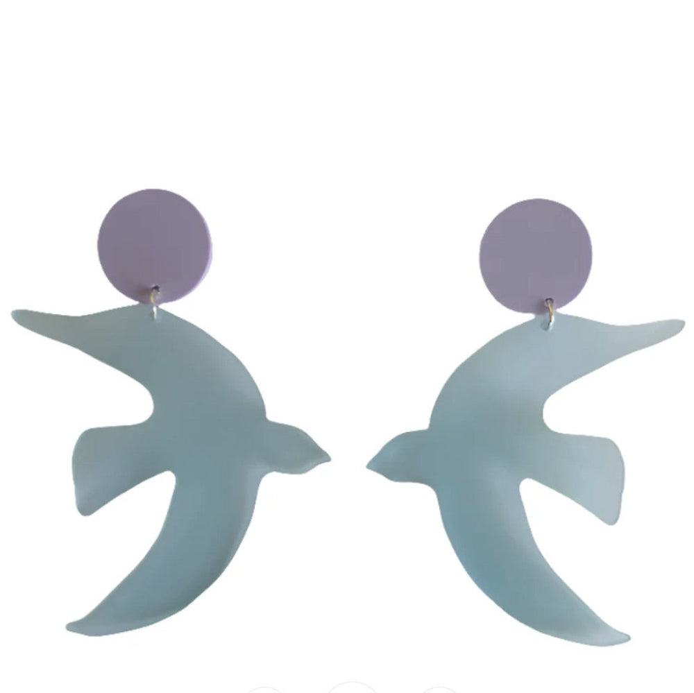 Pair of light blue bird-shaped earrings on a white background