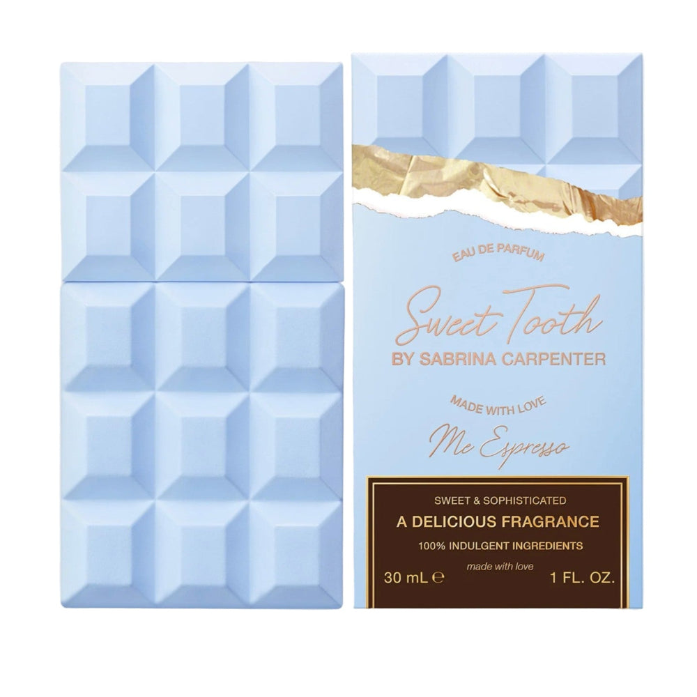 Perfume packaging with geometric design and gold accents on a light gray background
