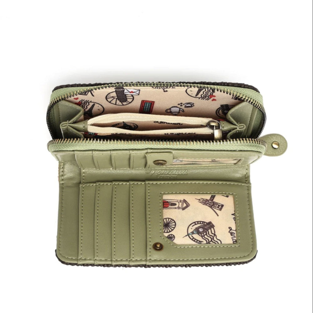 An open sage green bi-fold wallet with multiple interior card slots, a zippered compartment, and a patterned cream lining featuring vintage map illustrations.