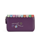 A purple zip-around wallet with a decorative top edge featuring colorful book spine designs and white script text on the front, shown on a plain white background.