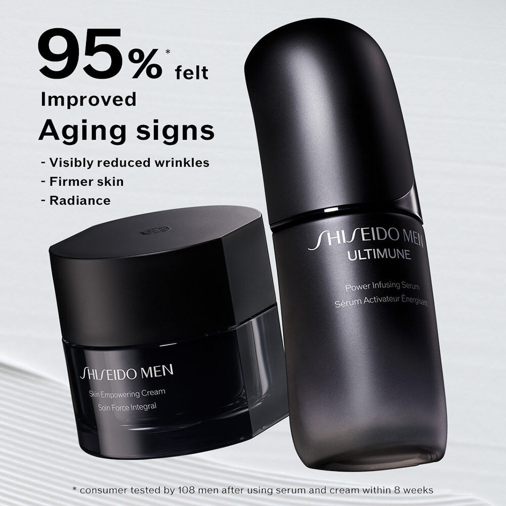 Shiseido Men's skincare products with text on improved aging signs on a light gray background