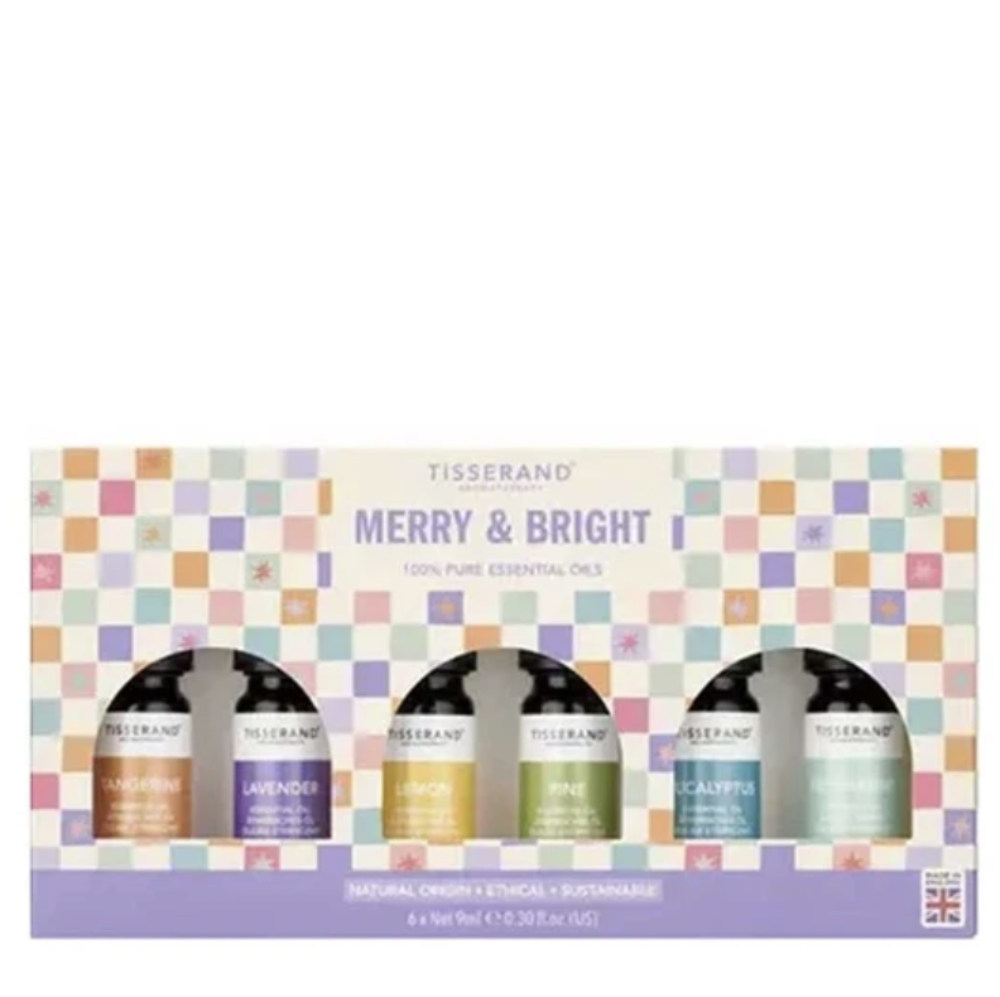 Tisserand Merry & Bright 6-piece essential oil gift set in a pastel checkered box