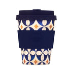 Reusable coffee cup with geometric pattern and navy lid on a white background