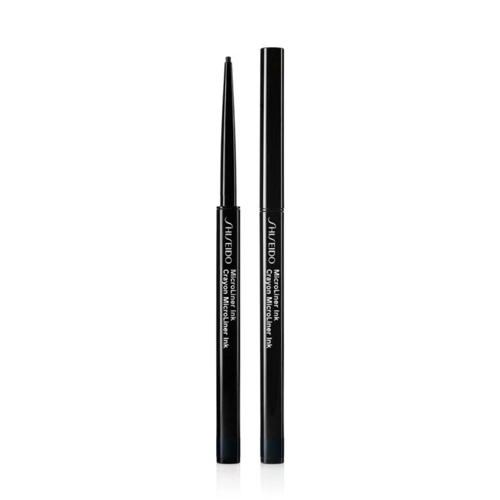A pair of Shiseido MicroLiner Ink Eyeliners in black color, with the cap off, displayed on a white background.