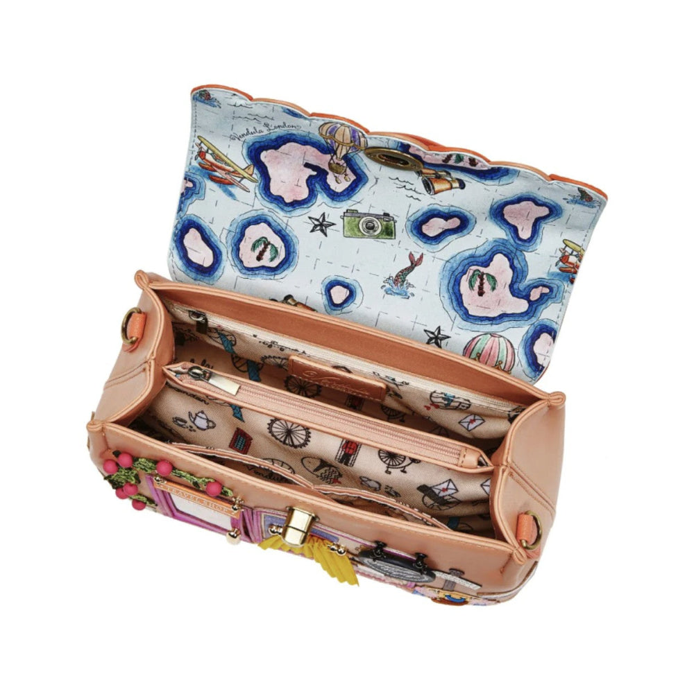 Colorful handbag with a map design on a white background