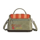 An olive green faux-leather handbag with a top handle, a detachable shoulder strap, and a zippered front pocket. The top flap features horizontal color-blocked panels in orange and peach.