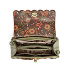 An open handbag with a scalloped top edge, featuring a brown floral patterned exterior and interior lining, olive green sides, and gold-tone hardware on a white background.
