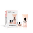 Clinique skincare set with products and packaging on a white background