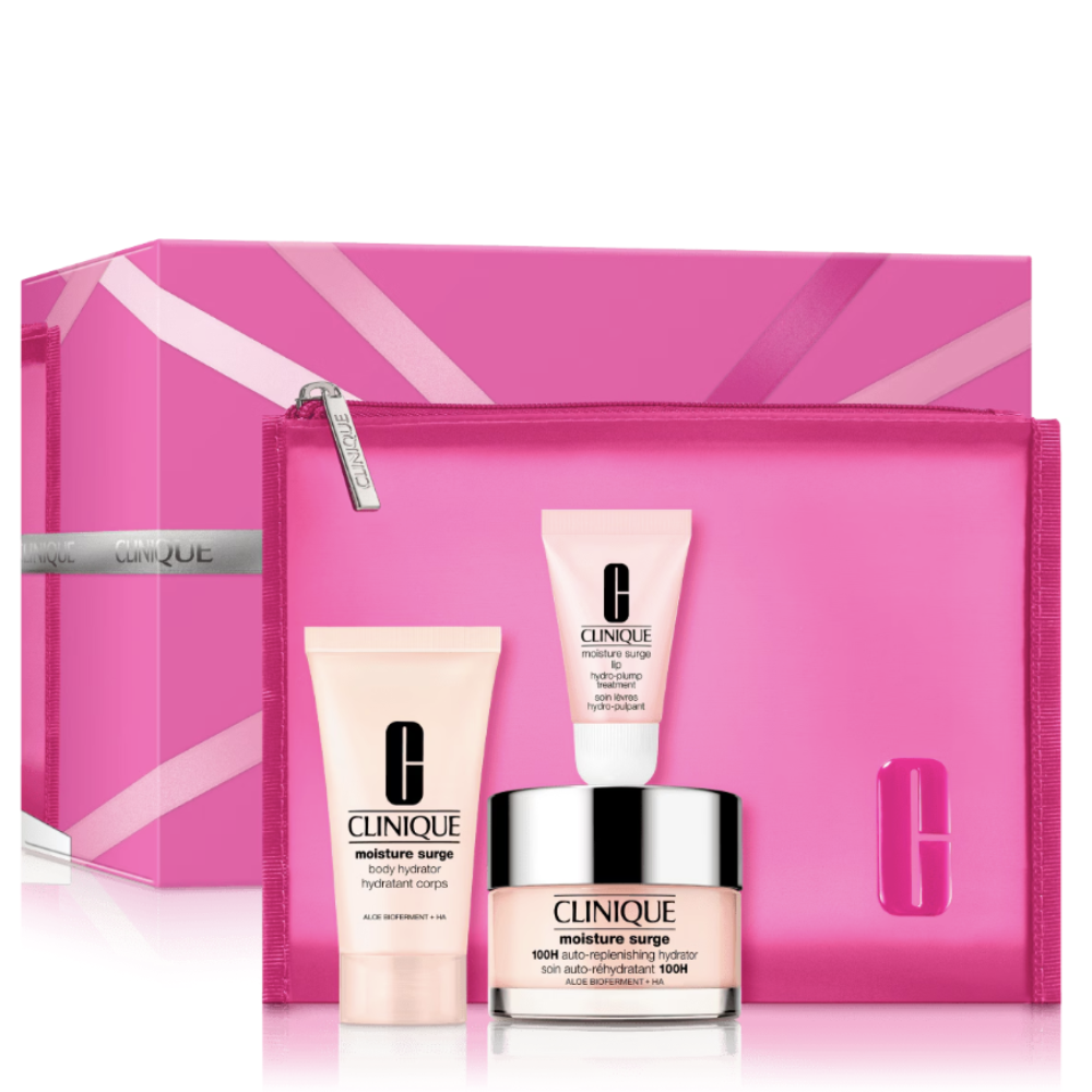 Clinique Moisture Surge gift set featuring a translucent pink zippered pouch, a pink presentation box, a Moisture Surge Hydrating Serum tube, a Moisture Surge Lip tube, and a Moisture Surge Hydrating Mask jar, all on a white background.
