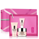 Clinique Moisture Surge gift set featuring a translucent pink zippered pouch, a pink presentation box, a Moisture Surge Hydrating Serum tube, a Moisture Surge Lip tube, and a Moisture Surge Hydrating Mask jar, all on a white background.