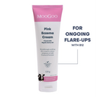MooGoo Pink Eczema Cream barrier support tube, 120g, shown on a white background with text indicating it is for ongoing flare-ups.
