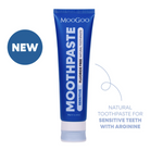 A blue tube of MooGoo Moothpaste toothpaste with a white cap, shown on a white background with a blue 'NEW' badge and descriptive text.