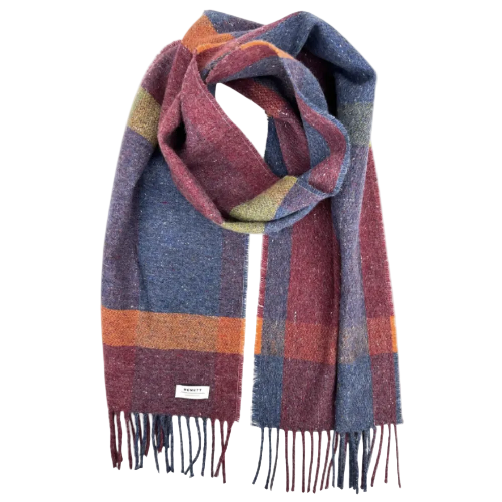 A multicolor plaid scarf with fringed ends, featuring blocks of dusty blue, burgundy, rust orange, and olive green, displayed on a clean white background.