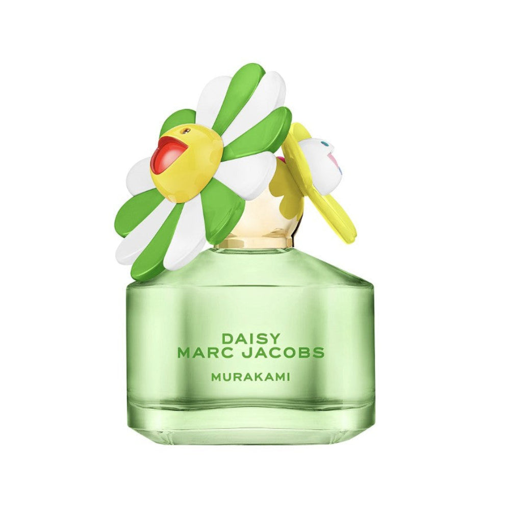 Green perfume bottle with floral design on a white background