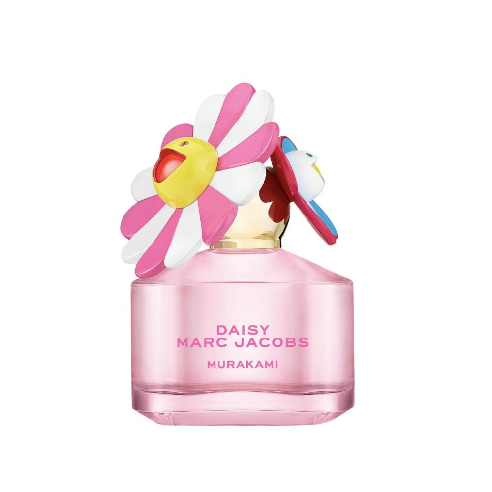 Pink perfume bottle with floral design on a white background