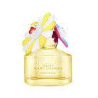 Yellow perfume bottle with colorful cap on a white background